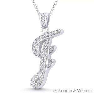 Initial Letter "F" Cursive Script CZ Crystal Pendant in .925 Sterling Silver